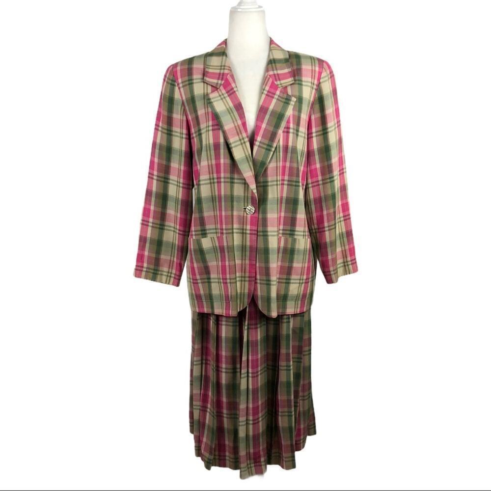 VTG Pendleton Plaid Pleated Skirt Blazer Suit Set Academia Pink Green Size Large